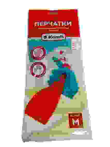 Перчатки латексные "KOMFI" БИКОЛОР, размер М, п/скольз. рельеф, БЕЖЕВЫЙ+БИРЮЗОВЫЙ/12/144