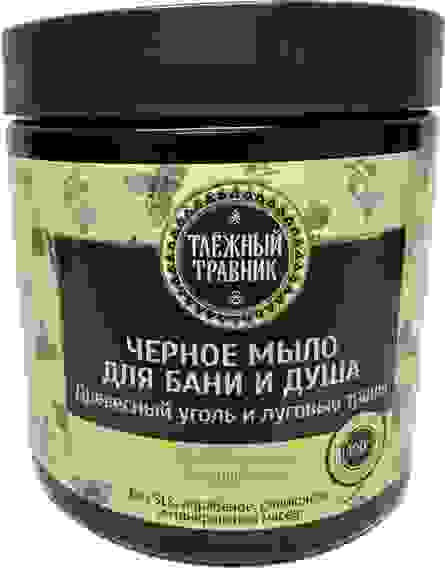 ТАЕЖНЫЙ ТРАВНИК Черное мыло густое для бани и д/душа 500мл Древесный уголь и луговые травы Аромат/16