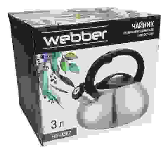 Чайник со свистком нерж.сталь WEBBER 3л, матовая полировка, толщ 0,6мм, нейлон ручка, д/всех плит/12
